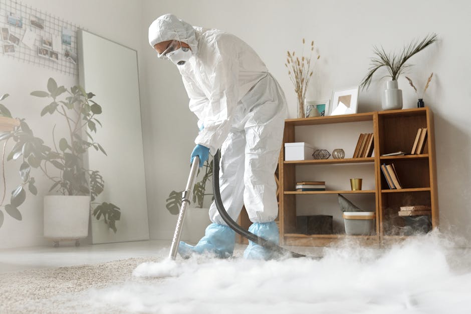 A professional cleaner dressed in a white protective suit, mask, and blue gloves is using a steam cleaning machine on a plush beige carpet in a bright living room. The room features a modern wooden bookshelf with decorative items, books, and a plant in a white vase. The interior has light-colored walls, a large leafy potted plant, and natural lighting, demonstrating thorough surface cleaning and hygienic maintenance typical of domestic cleaning services provided by Ealing Carpet Cleaning in Ealing. The steam from the cleaning device creates a visible cloud on the carpet surface, indicating deep cleaning and sanitisation procedures in progress.