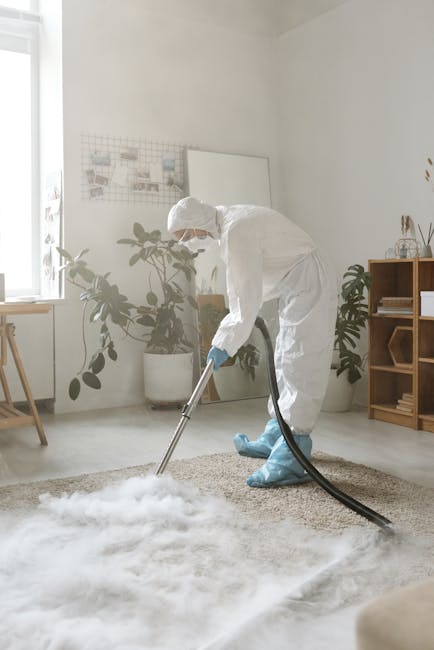 A professional cleaner from Ealing Carpet Cleaning is performing deep surface cleaning on a beige area rug in a bright, modern living room. The cleaner is dressed in full protective gear including a white hazmat suit, gloves, face mask, and blue shoe covers. They are using a specialized vacuum or extraction machine connected to a hose, effectively removing dirt and stains from the soft-textured rug. The room features natural light streaming through a window, with green potted plants, a wooden shelving unit, and a white wall-mounted corkboard visible in the background, conveying a tidy and hygienic environment. This image exemplifies expert domestic cleaning aimed at maintaining clean, sanitised, and allergen-free carpets and rugs, in line with the services offered by Ealing Carpet Cleaning as highlighted on their site for urgent spill or stain removal solutions in Ealing. The surface cleaning process emphasizes thoroughness and hygiene in home refreshment routines. 